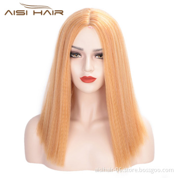 Aisi Hair Synthetic Yaki Middle Part Short Bob Wigs Brown Color Heat Resistant Synthetic Fiber Machine Made Wigs for Women